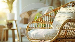 Generative AI Close up view of rattan armchair with cushions in bohemian style living room Concept of bamboo furni