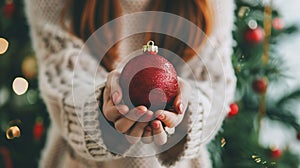 Generative AI Close up woman holding red Christmas ornament on Christmas tree and white background business concep