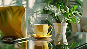 Generative AI Close up of yellow cup of coffee laptop with mock up screen and green potted plant on glass designer