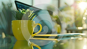 Generative AI Close up of yellow cup of coffee laptop with mock up screen and green potted plant on glass designer