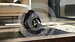 Generative AI Closeup on black sculpture and album with art on stone and modern coffee table in room with beige ca