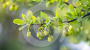 Generative AI Closeup branch of barberry bush with green berries business concept.