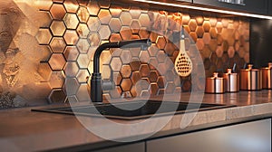 Generative AI Closeup on elegant kitchen with black faucet and copper hexagonal wall tiles and copper sink busines