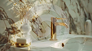 Generative AI Closeup on fancy golden tap in washbasin in bathroom with marble style wall tiles business concept.