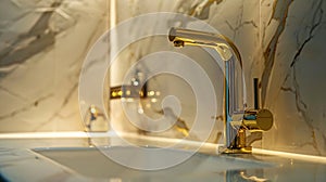 Generative AI Closeup on fancy golden tap in washbasin in bathroom with marble style wall tiles business concept.