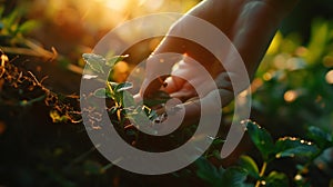 Generative AI Closeup of Human Hand Grabbing Vegetation and Soil in Nature Concept of Loving Nature business conce