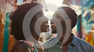 Generative AI Closeup low angle view portrait of a cool african couple laughing talking in a colorful street busin