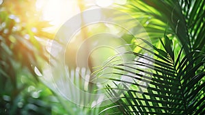 Generative AI closeup of lush green tropical vegetation jungle with palm leaves in sunshine beauty in tropical nat