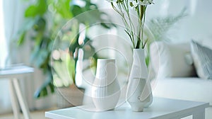 Generative AI Closeup photo of white vessels standing on white end table in bright living room interior with sofa
