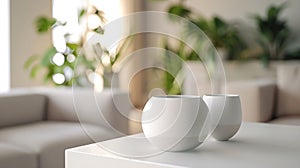 Generative AI Closeup photo of white vessels standing on white end table in bright living room interior with sofa