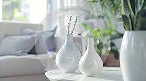 Generative AI Closeup photo of white vessels standing on white end table in bright living room interior with sofa