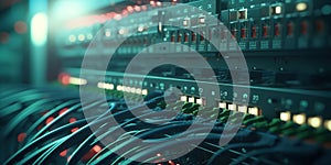 Generative AI, Closeup shot of networking cable in the server room, server rack