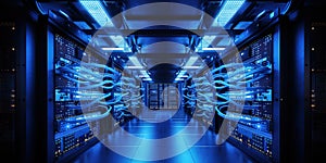 Generative AI, Closeup shot of networking cable in the server room, server rack