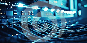 Generative AI, Closeup shot of networking cable in the server room, server rack