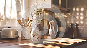 Generative AI Closeup on stylish decorations and vase in small kitchen on wooden countertop business concept.