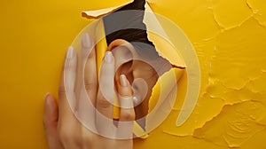 Generative AI Closeup of a womans ear and hand through a torn hole in the paper Yellow background copy space The c