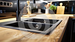 Generative AI Closeup on wooden kitchen countertop with black sink and tap and decorations business concept.