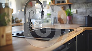 Generative AI Closeup on wooden kitchen countertop with black sink and tap and decorations business concept.