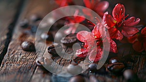 Generative AI Coffee beans with real coffee fruits flowers and leaves on wooden table close up Red coffee beans an