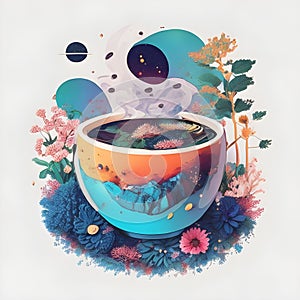Generative AI. Coffee cup illustration Galaxy in smoke, space, earth, star, coffee bean, cafein, fantasy, card, website, colorful