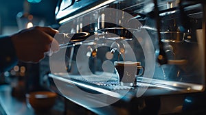 Generative AI Coffee machine making espresso shot by barista in a cafe shop business concept.
