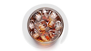 Generative AI Cola drink with ice isolated on white backgroundWith clipping pathFlat laytop view business concept.