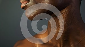 Generative AI Collarbones Detailed texture of human skin Close up shot of young africanamerican male body Skincare photo