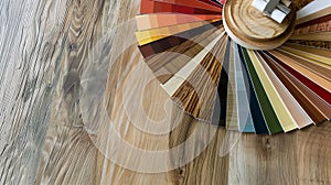 Generative AI Color scheme palette guide catalog with colour swatches wooden flooring and furniture material sampl