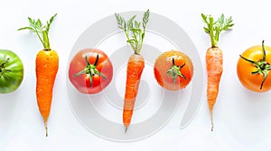 Generative AI Colored set green red orange of tomato and carrot Isolated on white background Healthy food concept