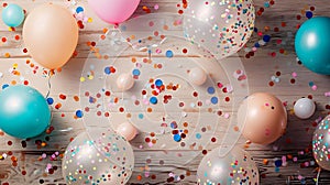 Generative AI Colorful balloons and confetti on wooden table top view. Festive or party background. Flat lay style