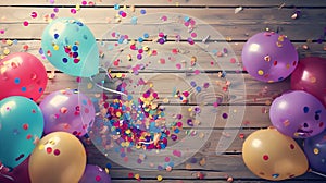 Generative AI Colorful balloons and confetti on wooden table top view. Festive or party background. Flat lay style