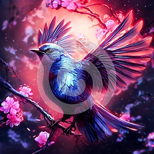 Generative AI: colorful bird flying in background with flowers