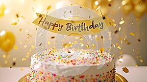 Generative AI Colorful birthday cake with golden happy birthday banner and falling sprinkles business concept.