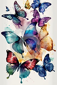 Generative AI. Colorful butterflies on an isolated white background, watercolor illustration