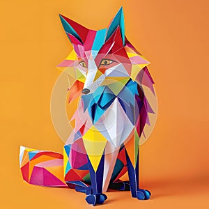 Generative AI. Colorful Geometric Origami Fox Sculpture Against an Orange Background