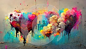 Generative AI, Colorful heart as graffiti love symbol on the wall, street art.