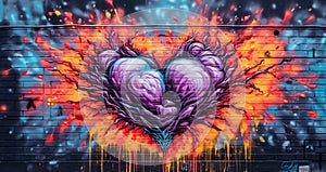 Generative AI, Colorful heart as graffiti love symbol on the wall, street art.