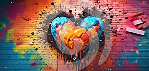 Generative AI, Colorful heart as graffiti love symbol on the wall, street art.