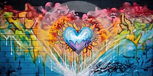 Generative AI, Colorful heart as graffiti love symbol on the wall, street art.