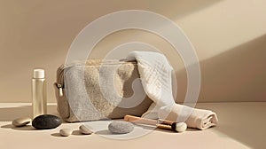 Generative AI Compact toiletry bag with different cosmetic products spa stones and towel on beige background flat