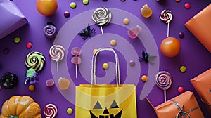 Generative AI Composition with shopping bag gift boxes and tasty candies for Halloween on purple background busine