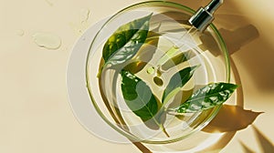 Generative AI Concept for advertising cosmetic with green tea On beige background green tea leaves on petri dish d