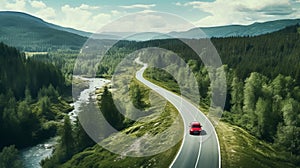 Generative AI. Concept of auto travel during the holiday season. One red car is driving along an asphalt mountain road
