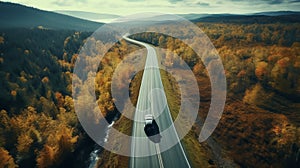 Generative AI. Concept of auto travel in the off-season. The car drives along an asphalt mountain road along a clear