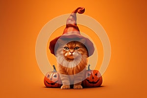 Generative AI Concept pets celebrate Halloween in costumes like people. A charming red kitten is wearing a witch hat. A