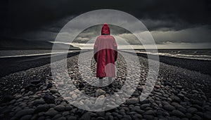 Generative AI conceptual illustraion of single person on moody beach in contrasting red coat to depict loneliness or depression or
