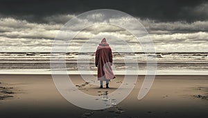 Generative AI conceptual illustraion of single person on moody beach in contrasting red coat to depict loneliness or depression or