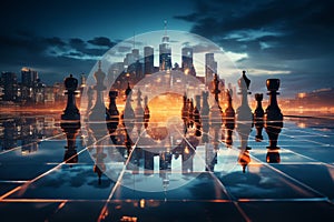 Generative AI conjures chess pieces amidst a futuristic city skyline photo