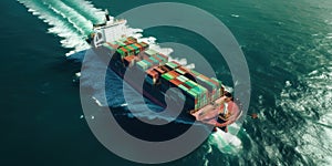 Generative AI, container ship in import export and business logistic. Aerial view, water transport