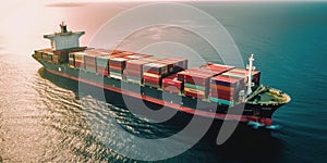 Generative AI, container ship in import export and business logistic. Aerial view, water transport